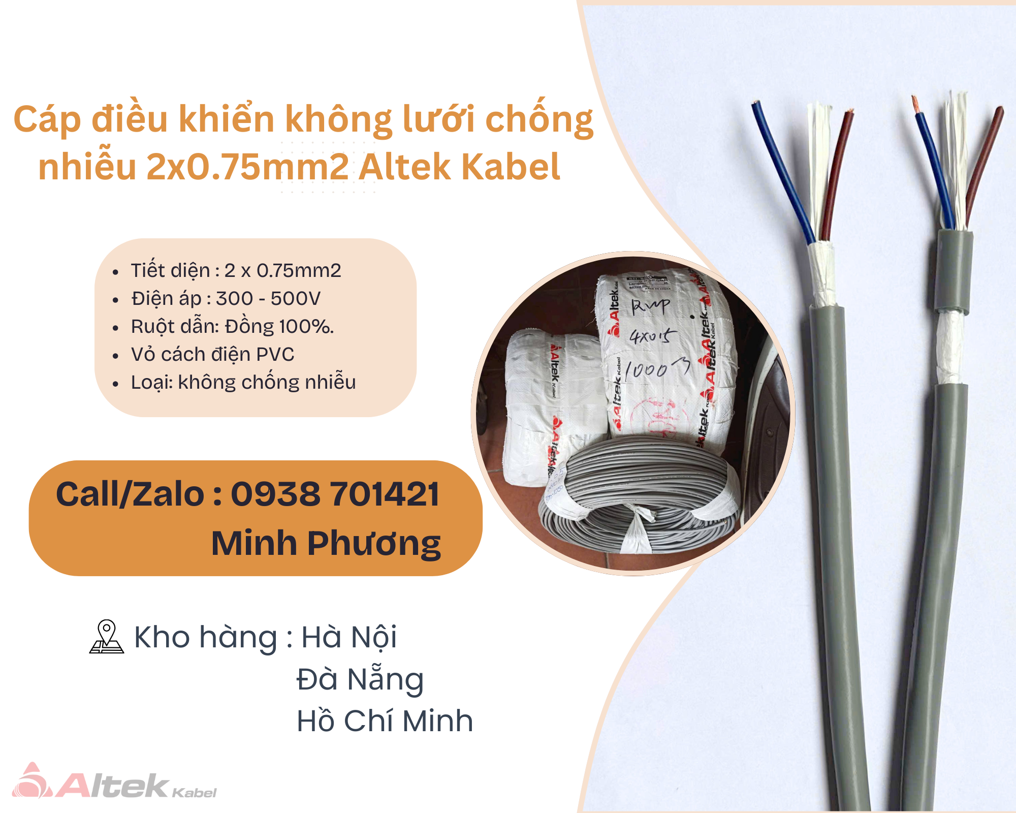 Cáp điều khiển không lưới chống nhiễu 2x0.75mm2 Altek Kabel Đà Nẵng, Bình Định,